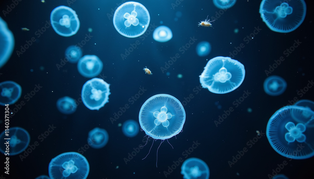 Beneath the waves, luminous jellyfish glide gracefully in the deep blue ocean, revealing the mysteries of marine life Beneath the waves, luminous jellyfish glide gracefully in the deep blue ocean, revealing the mysteries of marine life