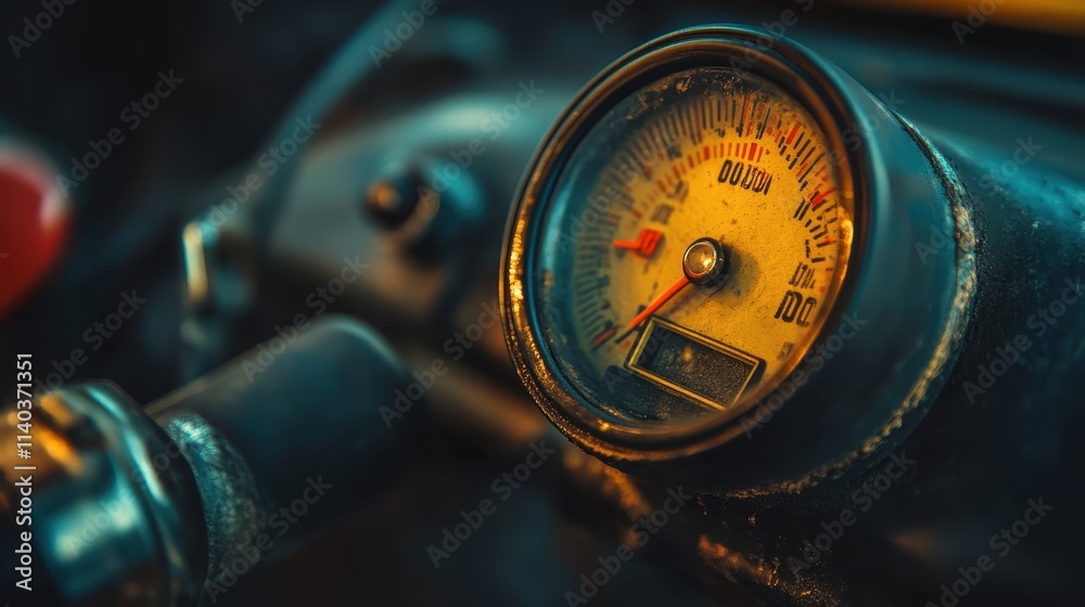 Fototapeta premium Close-up of a motorcycle speedometer illuminated at dusk displaying high speeds in a vibrant setting