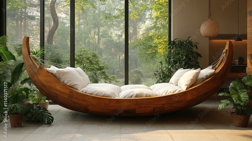 Wooden crescent daybed with cushions in a sunlit room. Wooden crescent daybed with cushions in a sunlit room.