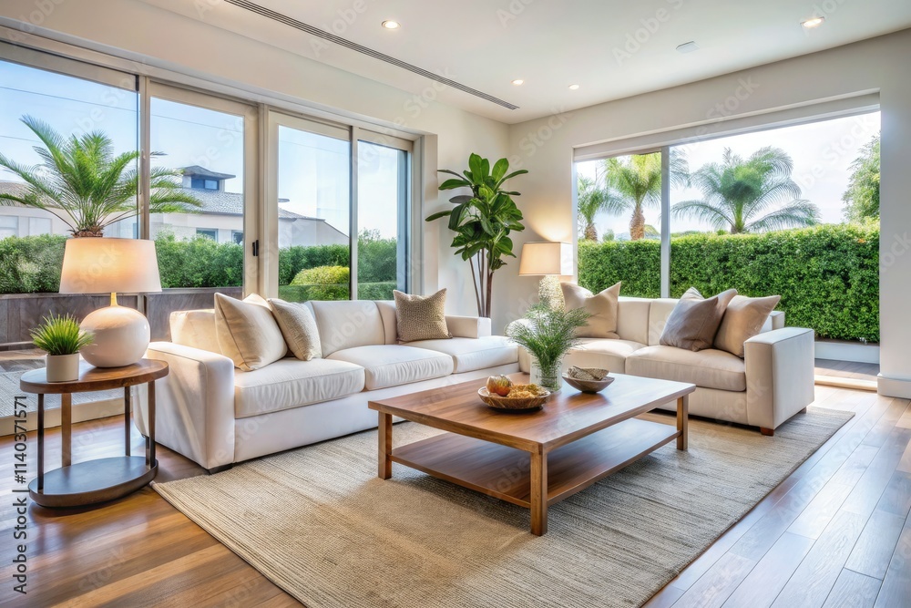 Californian minimalist living room design: white, simple, bright Los Angeles style.