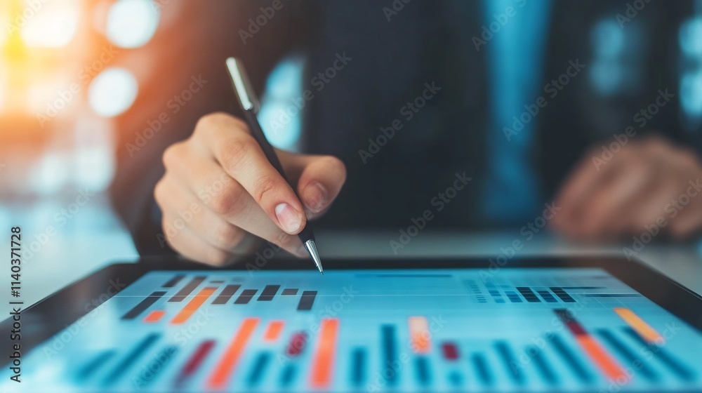 Business Consultant Reviewing Market Data Insights on Digital Display with Professional Office