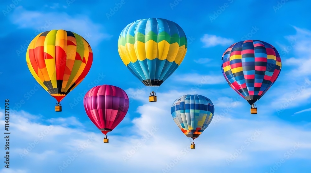 Colorful hot air balloons float in a vibrant blue sky with fluffy white clouds. Colorful hot air balloons float in a vibrant blue sky with fluffy white clouds.