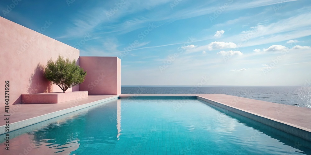 Fototapeta premium Soothing summer scene with silhouette pool and pink concrete deck