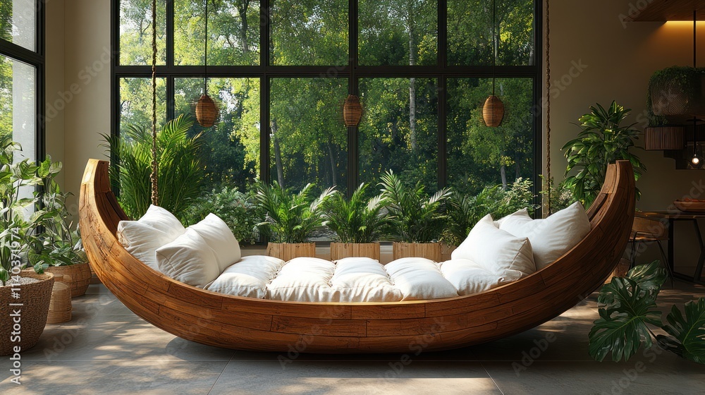 Wooden crescent daybed with cushions in sunlit room. Wooden crescent daybed with cushions in sunlit room.