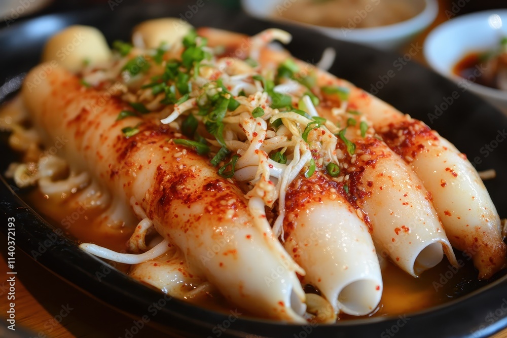 Stuffed Squid is a classic Korean dish prepared by hollowing out squid and steaming it with red pepper sticky rice tofu and bean sprouts