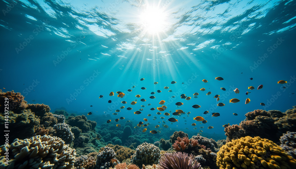 Naklejka premium Discover the hidden wonders of a vibrant coral reef teeming with life under the shimmering ocean sun