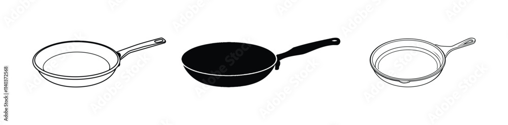 Set of cast-iron pan icon, vector, silhouette, outline, illustration isolated on white background Set of cast-iron pan icon, vector, silhouette, outline, illustration isolated on white background