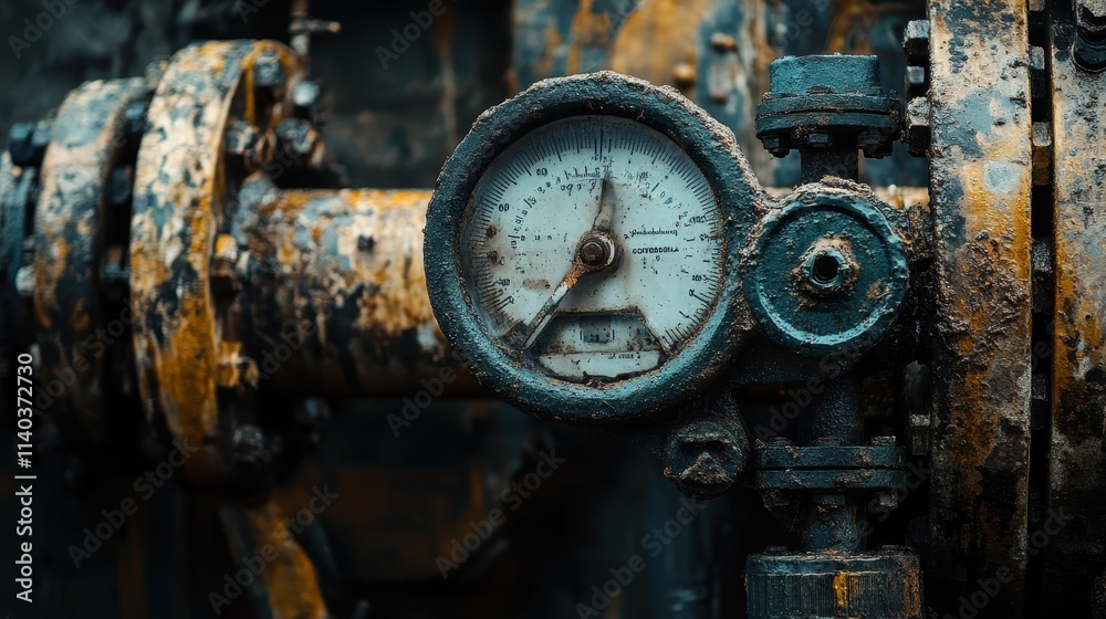 Detailed view of industrial pressure gauge on weathered pipeline in manufacturing facility during late afternoon Detailed view of industrial pressure gauge on weathered pipeline in manufacturing facility during late afternoon