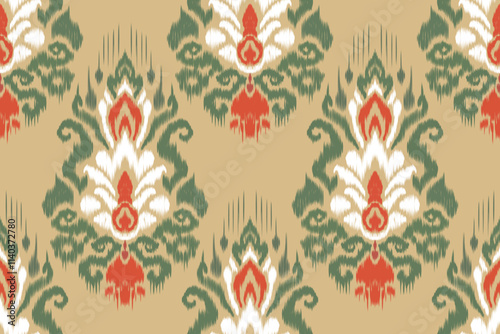 Traditional seamless ikat pattern with green and gold ethnic motifs. Tribal abstract embroidery design for textiles, rugs, boho wallpapers, vintage fabrics, folk art inspired ornaments from heritage. photo