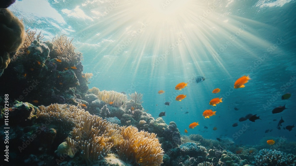 Naklejka premium An underwater scene showcasing a vibrant coral reef filled with various fish swimming amidst the colorful corals under the sunlight.