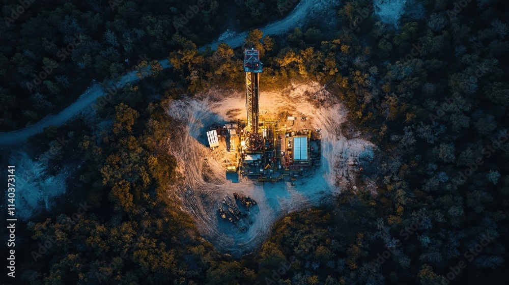 Fototapeta premium Drilling operation at night in a remote wooded area showcasing industrial activity and equipment