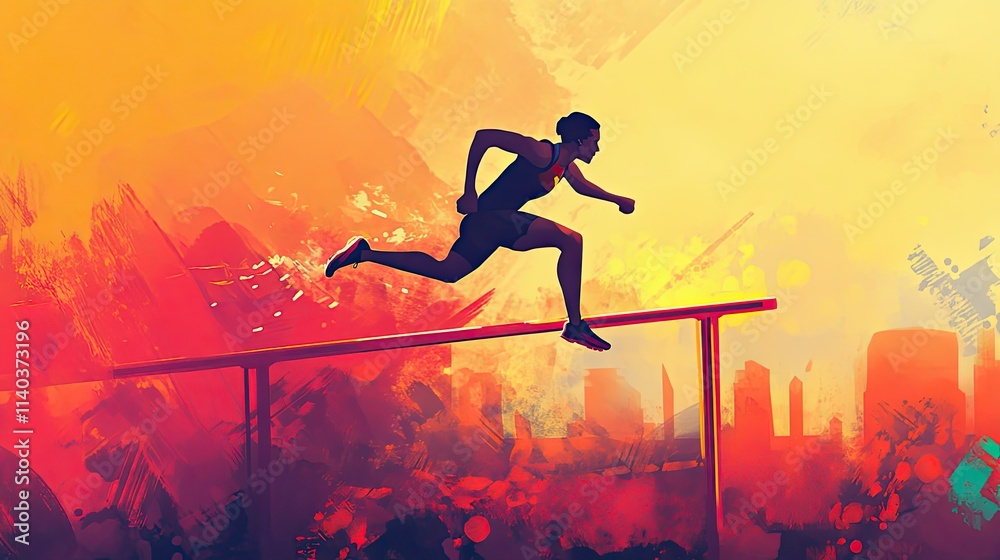 Naklejka premium Silhouette of a runner jumping over a hurdle in a colorful abstract cityscape background