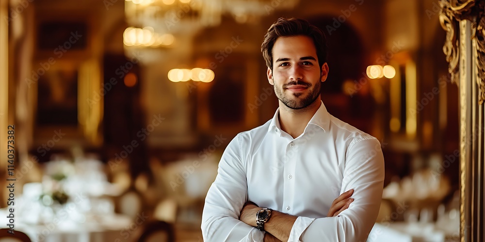 Fototapeta premium Male event planner standing confidently in an elegant banquet hall, overseeing an upcoming event