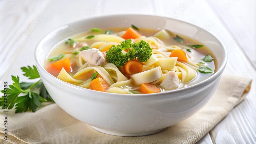 Soup in white ceramic bowl with parsley garnish