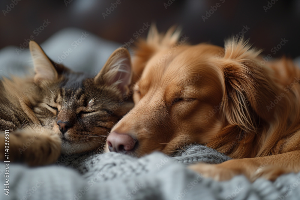 Cat and dog sleeping peacefully together on a cozy blanket at home Cat and dog sleeping peacefully together on a cozy blanket at home