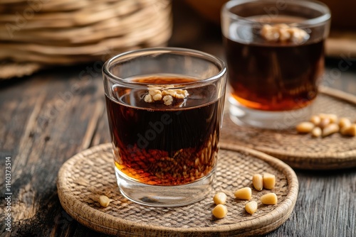 Sujeonggwa is a cold traditional Korean beverage made from dried persimmons and garnished with pine nuts featuring a dark reddish brown hue photo