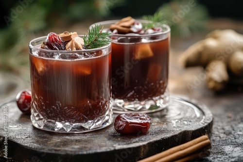 Sujeonggwa is a dark reddish brown Korean cinnamon drink made from cinnamon dried persimmons and ginger garnished with pine nuts and jujube photo