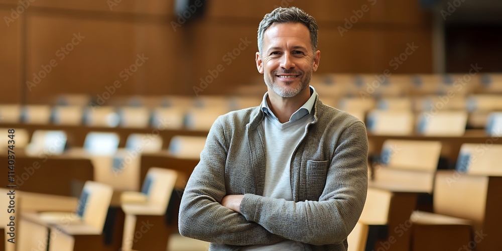 Fototapeta premium Portrait of a criminology professor standing confidently in a university lecture hall, smiling