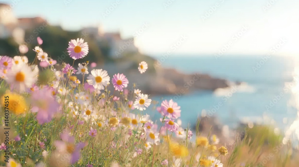 Obraz premium Cliffside wildflower field in bloom coastal ocean view nature serene environment floral landscape