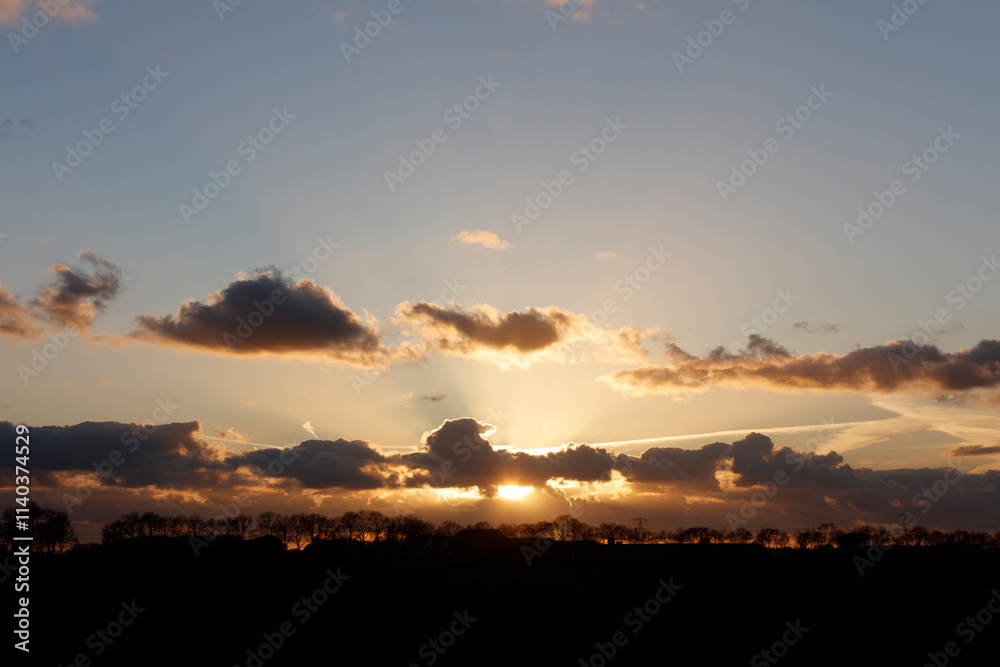 Silhouetted trees line a horizon as a golden sunset peeks through dark clouds. Dramatic sky. Silhouetted trees line a horizon as a golden sunset peeks through dark clouds. Dramatic sky.