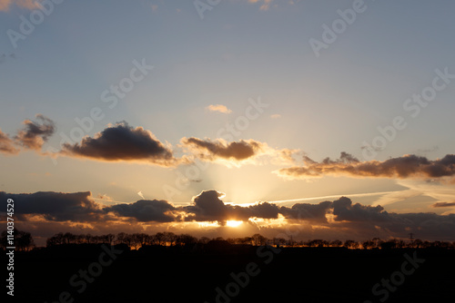 Silhouetted trees line a horizon as a golden sunset peeks through dark clouds.  Dramatic sky.