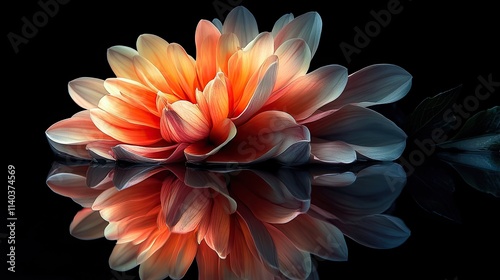 Close-up of a vibrant orange and white flower with its reflection in dark water.