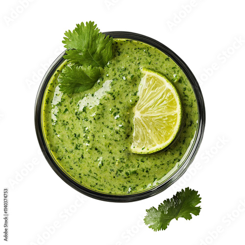 Extreme top view of a hyperrealistic Cilantro lime sauce in a small glass bowl isolated on a white transparent background