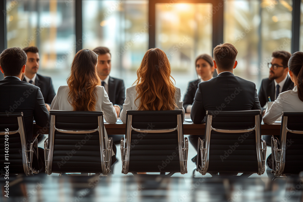 Obraz premium Business meeting with professionals engaged in discussion in a modern conference room during sunset