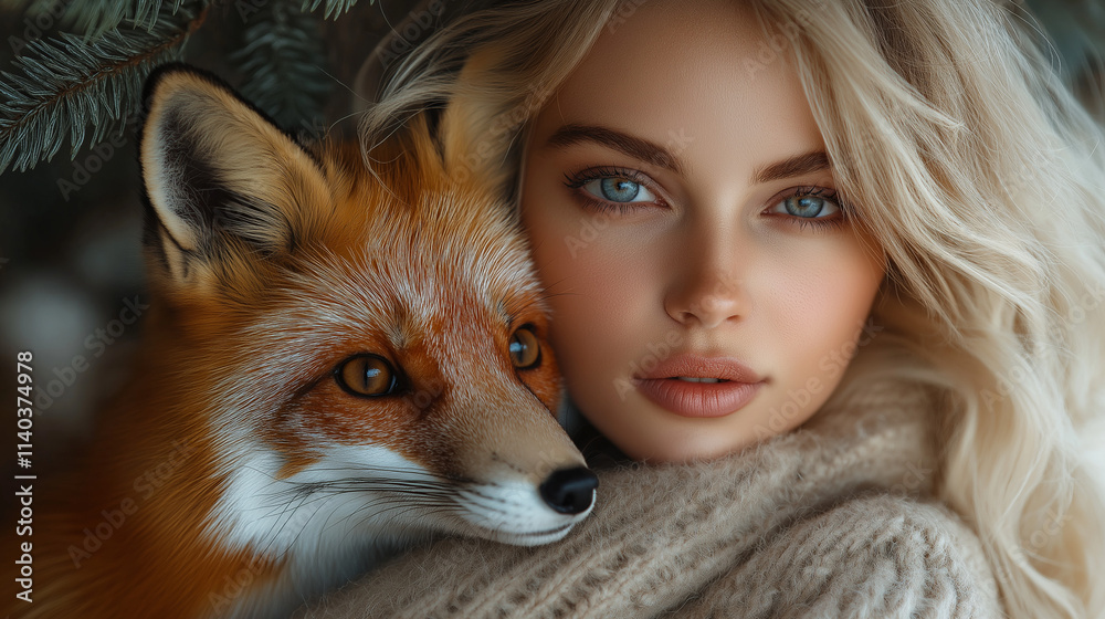 Fototapeta premium Beautiful woman sitting with her beloved cute fox on the floor, Christmas tree and decorations in the background, festive atmosphere