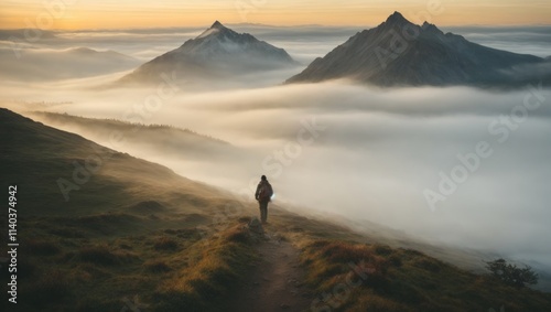 silhouette of a person in the mountains, silhouette of a person on a top, silhouette of a person standing on a mountain