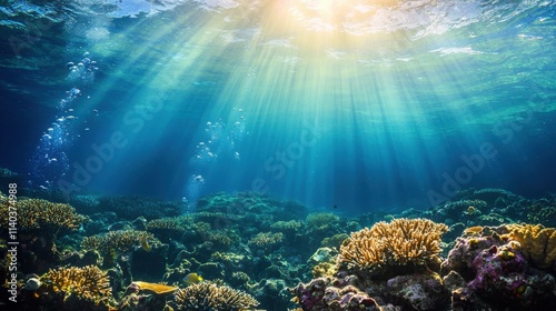 A stunning underwater scene showcasing vibrant coral reefs illuminated by sunlight streaming through the ocean surface, creating a serene atmosphere. photo