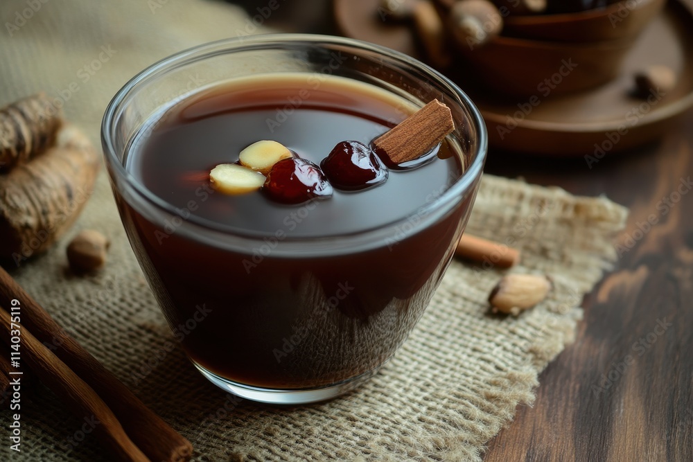 Sujeonggwa is a traditional Korean cinnamon drink deep reddish brown made with cinnamon dried persimmons and ginger topped with pine nuts and red dates Sujeonggwa is a traditional Korean cinnamon drink deep reddish brown made with cinnamon dried persimmons and ginger topped with pine nuts and red dates