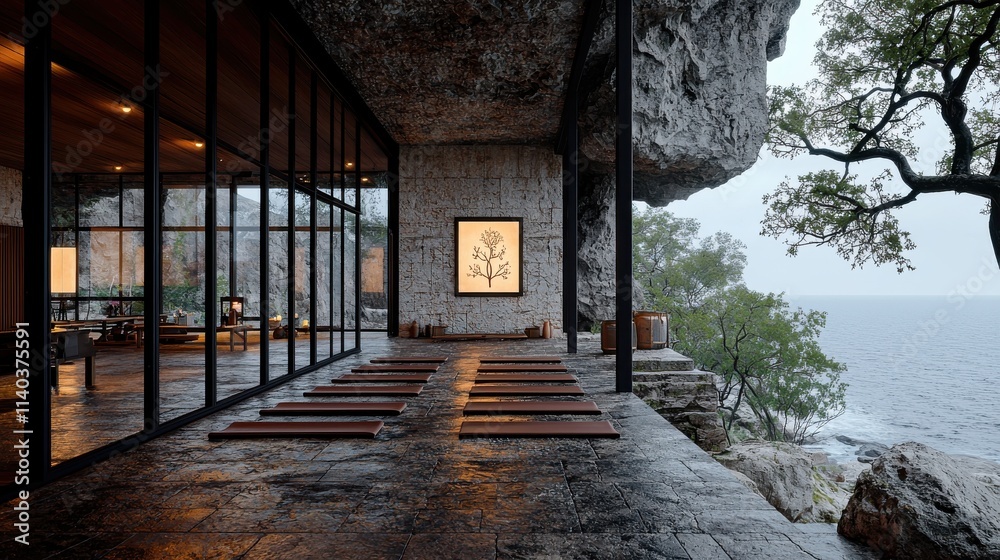 Dawn yoga retreat on cliffside tranquil mats arranged serene ocean view natural environment