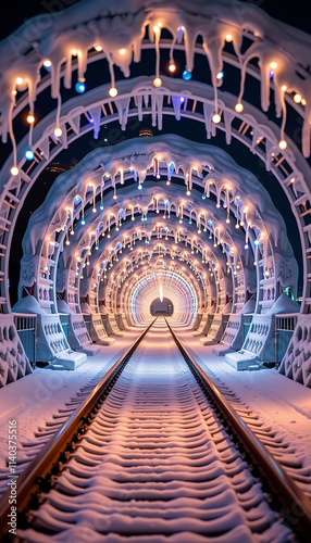 Wallpaper Mural Polar Express Tunnel - A glowing train tunnel covered in frost and twinkling lights. background copyspace Torontodigital.ca