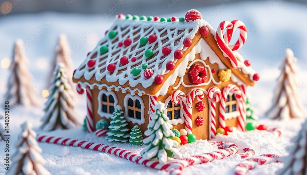 Obraz premium Imagine a whimsical gingerbread house decorated with icing, candy canes, and gumdrops, set in a snowy landscape with small candy trees.