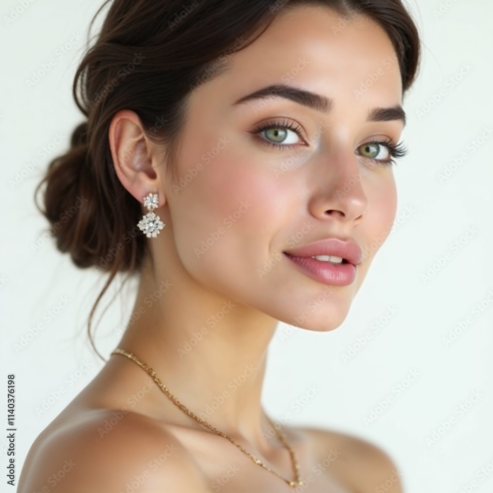 Portrait of a Young Woman with beautiful glowing skin with Jewelry on her ears and neck Natural Beauty, Wellness, and Self-Care Concept Portrait of a Young Woman with beautiful glowing skin with Jewelry on her ears and neck Natural Beauty, Wellness, and Self-Care Concept