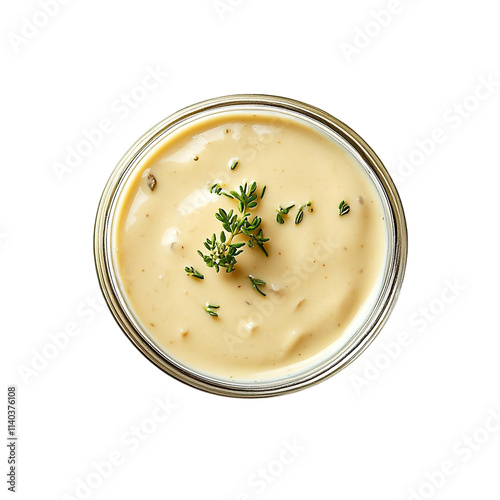 Extreme top view of a hyperrealistic Velouté sauce in a small glass bowl isolated on a white transparent background
