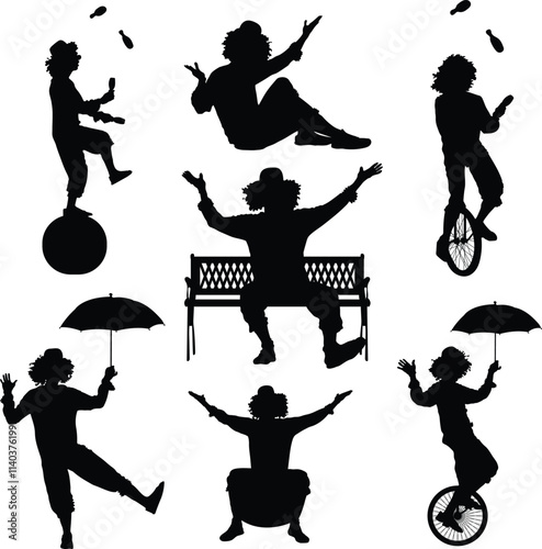 Clown in circus on stilts with balloons vector silhouette isolated on white background.