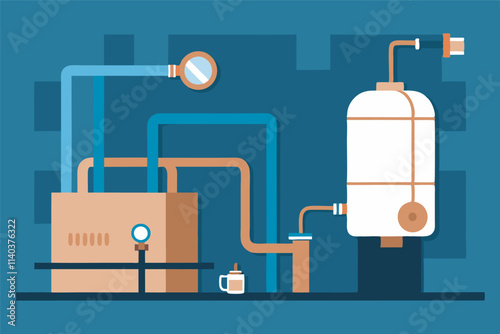 A colorful, futuristic machine for liquid processing depicted in an illustration. Tank, pipes, valves, gauge, and coffee cup imply its use for brewing coffee.