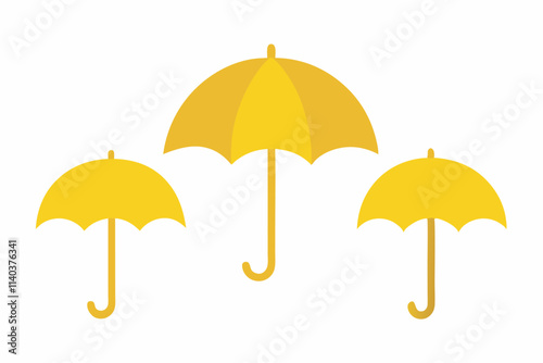white background, triangular set-up of 3 yellow umbrellas, varying in size & handle style (straight vs. curved) for unique visual appeal.