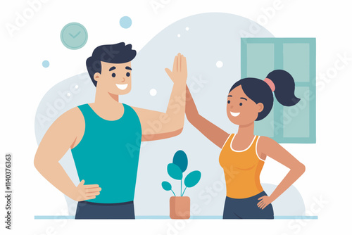  young man and woman high-five, both smiling by a houseplant. White wall with a clock behind them. Joyful and positive vibes.