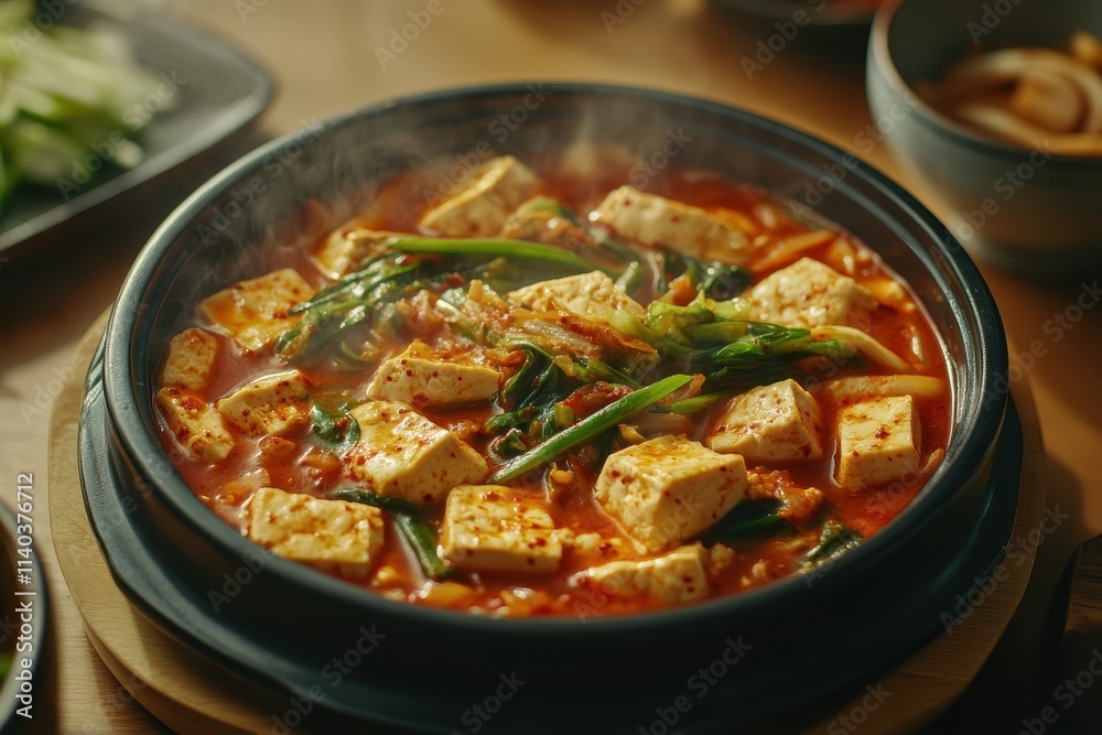 Sundubu Jjigae a classic Korean stew features silky uncurdled tofu in a spicy broth shown in a bowl on a table Sundubu Jjigae a classic Korean stew features silky uncurdled tofu in a spicy broth shown in a bowl on a table
