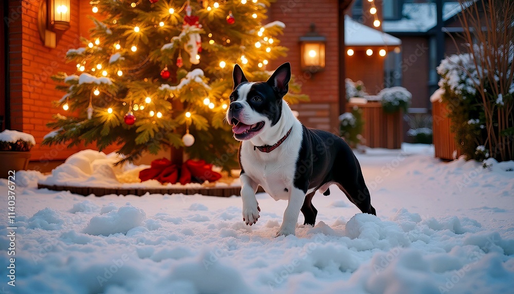 Boston Terrier Dog in Snow with Christmas Tree Background Boston Terrier Dog in Snow with Christmas Tree Background