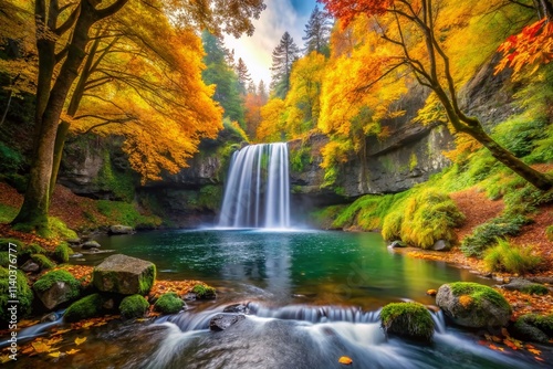 Drone Shot: Autumn Waterfall, Crystal Clear Water, Yellow Leaves, Shady Serenity