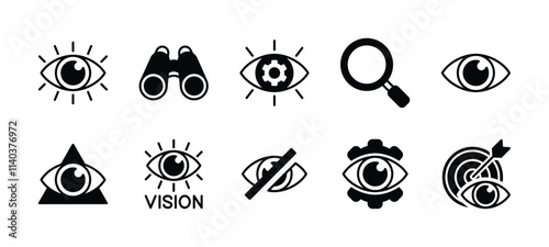 Business vision icon set. Contains search, look, eye view, searching, telescope, blind, find setting, target, watching, eyesight, visibility, see, observe, spy, investigate. Vector illustration