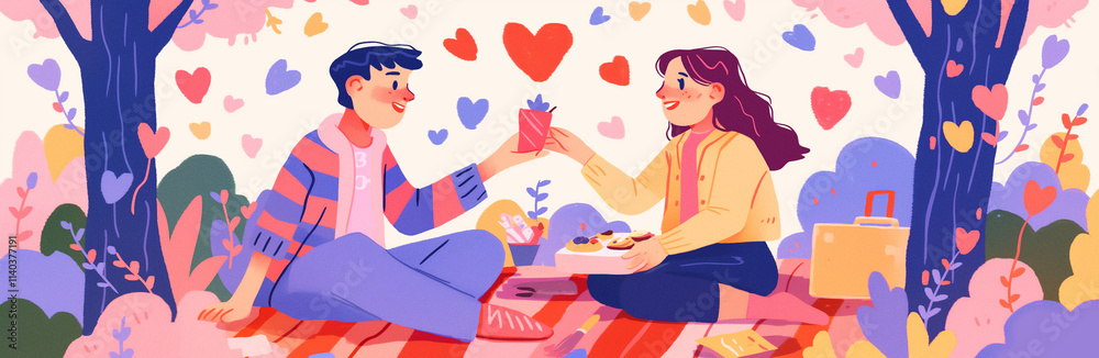 Idyllic Romantic Scene of a Couple on a Picnic with a Love-Themed Setting Idyllic Romantic Scene of a Couple on a Picnic with a Love-Themed Setting