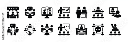 Meeting icon vector set. Contains business teamwork, conference, workplace, seminar, teaching, classroom, interview, discussion, forum, presentation, online video, discourse, group talk