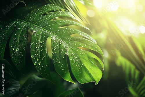 Wallpaper Mural Dew drops on large green tropical leaf in sunlight. Torontodigital.ca