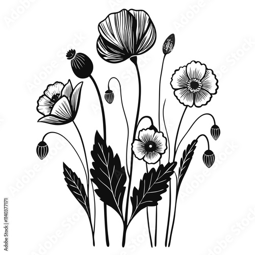 california poppy flower silhouette,vector style printable png
