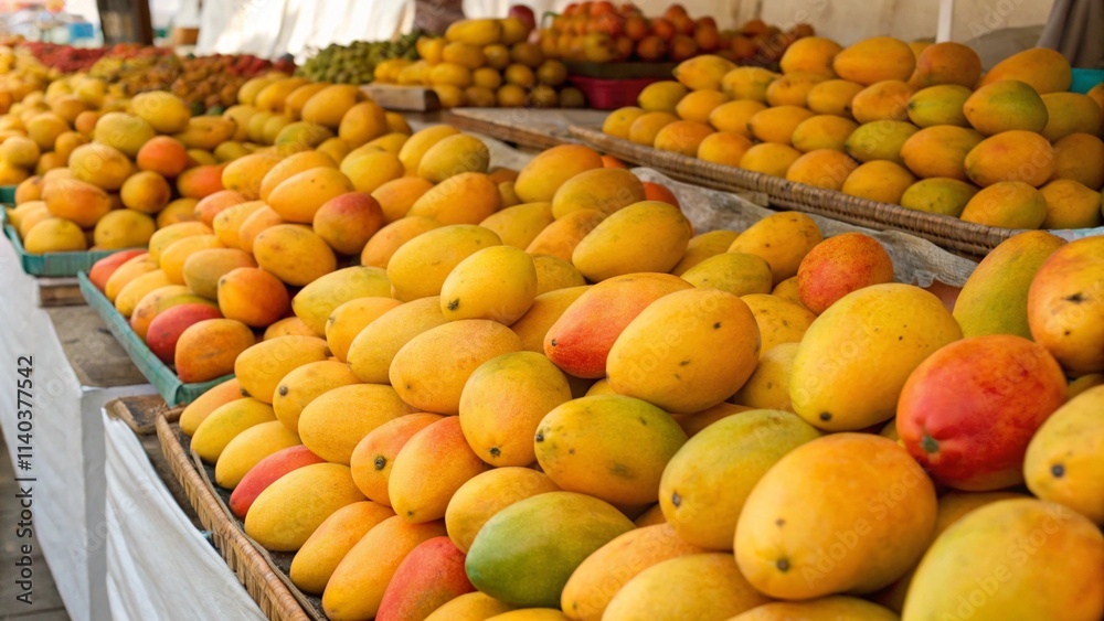 Fruit counter with bright and juicy mangoes Fruit counter with bright and juicy mangoes